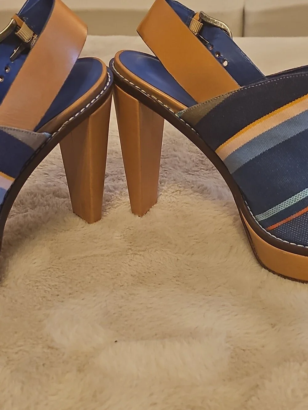 Cole Haan Blue Striped Peep-Toe Platform Heel Sandals.